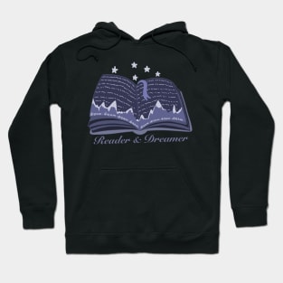 Reader and dreamer dark blue book design with mountains and night sky panorama Hoodie